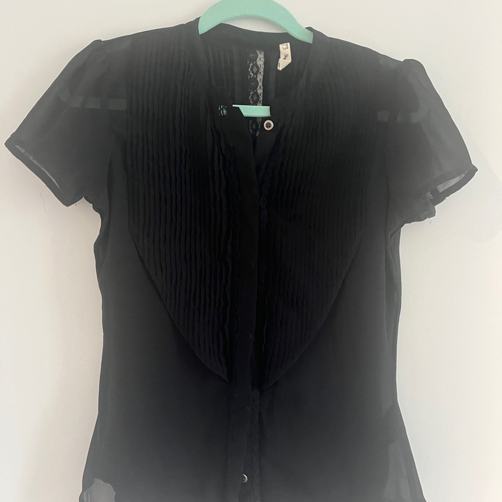 Pepe Jeans Black Pleated Bib Collar Sheer Blouse